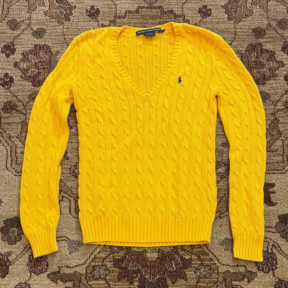 Ralph Lauren Bright Yellow Cable-Knit V-Neck Sweater